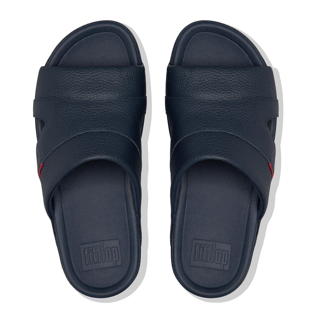 Fitflop Mens Slides - Freeway Leather Pool - Navy - 950-XRKMGI